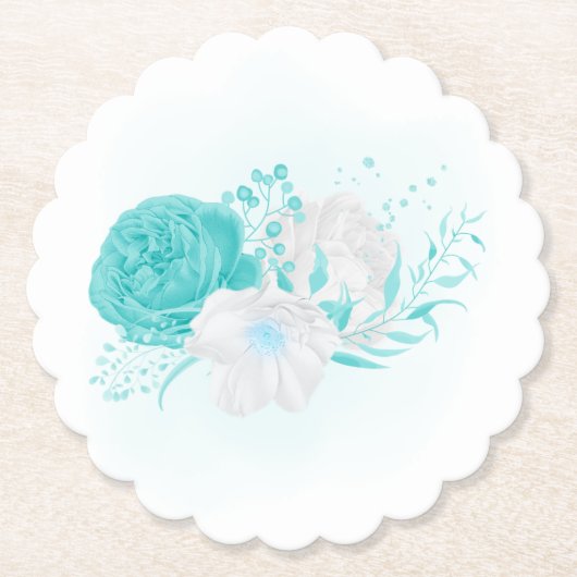 turkooise witte florale bruiloft kartonnen onderzetters (Voorkant)