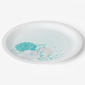 turkooise witte florale bruiloft papieren bordje (Gekanteld)