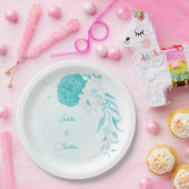 turkooise witte florale bruiloft papieren bordje (Feest)