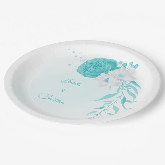 turkooise witte florale bruiloft papieren bordje (Gekanteld)