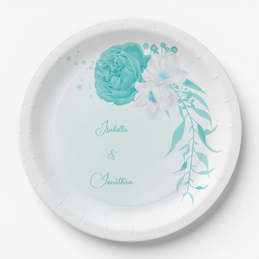 turkooise witte florale bruiloft papieren bordje (Voorkant)