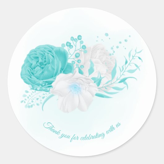 turkooise witte florale bruiloft ronde sticker (Voorkant)