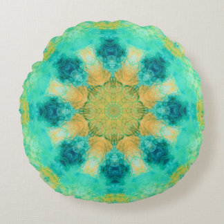 turkooise & yellow mandala | caleidoscooppatroon rond kussen