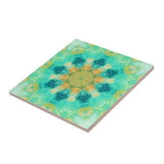 turkooise & yellow mandala | caleidoscooppatroon tegeltje