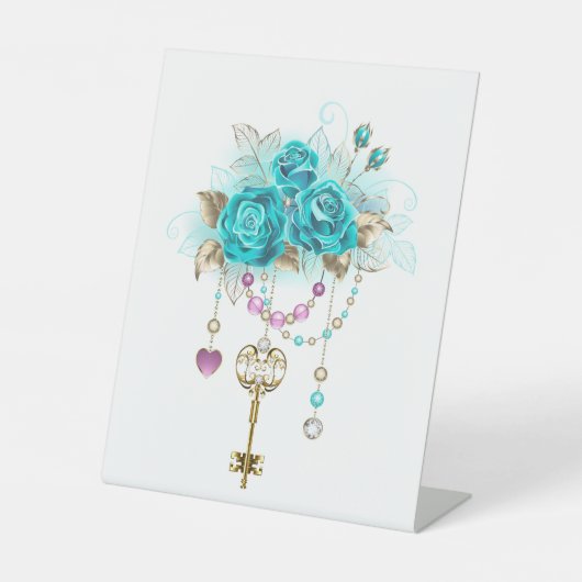 Turkooisen Rozen met Sleutels Reclamebord Met Voetstuk (Voorkant)