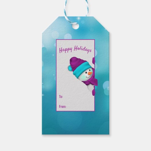 turkooislichten met sneeuwman cadeaulabel (Voorkant)