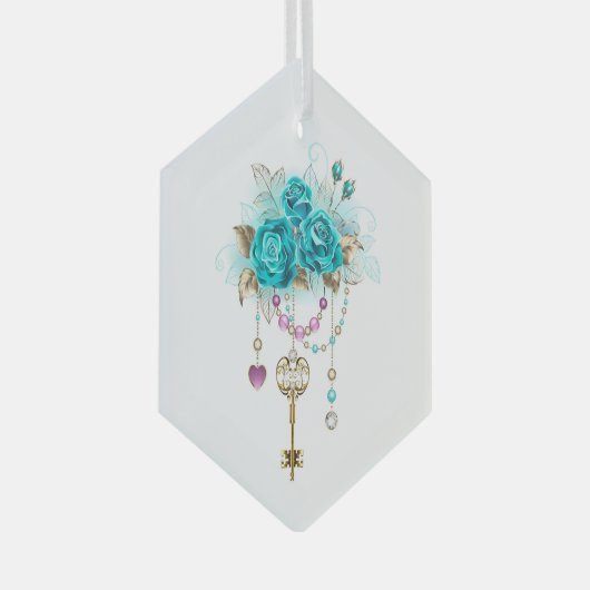 Turkooisrozen met Sleutels Glas Ornament (Voorkant Rechts)