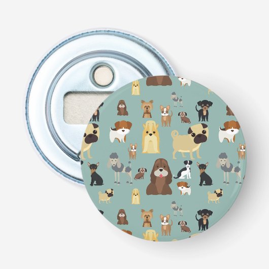 turkooizen achtergrond honden patroon button flesopener (Voorkant)