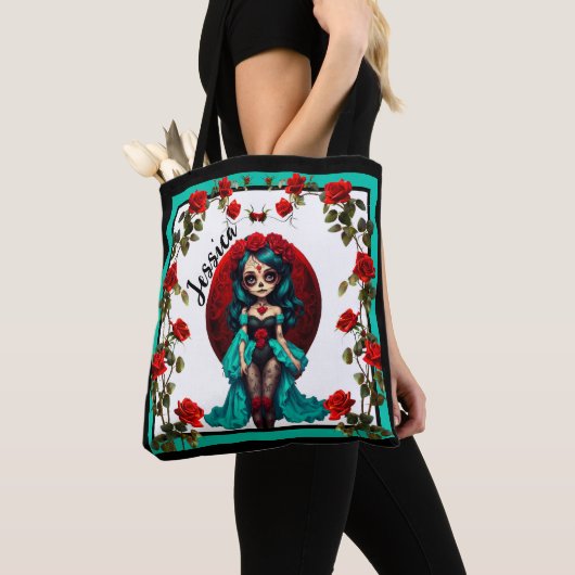 Turkooizen en Rode Rozen Suiker Schedels Tote Bag (Dichtbij)