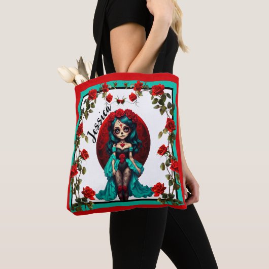Turkooizen en Rode Rozen Suiker Schedels Tote Bag (Dichtbij)