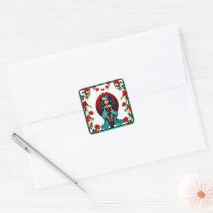 Turkooizen en Rode Rozen Suiker Schedels Vierkante Sticker