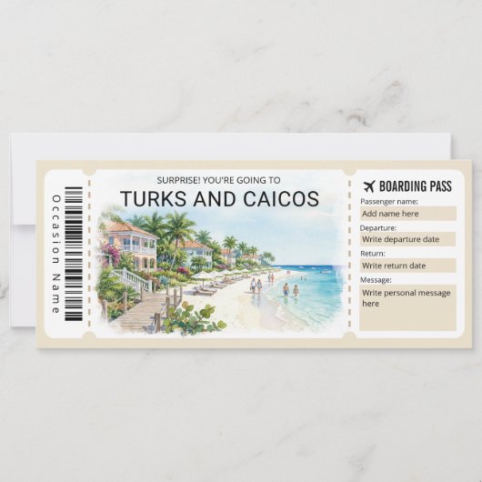 Turks and Caicos Trip Boarding Pass Ticket Kaart (Voorkant)