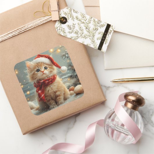 Turks Angora Kat Kerst strand Vierkante Sticker (Geschenken)