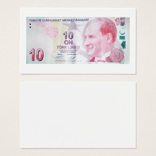 Turks bankbiljet, nominale waarde van 10 lire visitekaartje (Voorkant /achterkant)