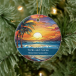 Turks en Caicos Beach Vakantie Keramisch Ornament<br><div class="desc">Schattigee faux gebrandschilderd glas strandtafereel,  personaliseerbare Turks- en Caicos Beach Trip souvenir. Geweldig voor Kerstmis en familie vakantie souvenir,  of huwelijksreis moment. Maatwerk: Verander bijschrift en jaar om het uniek te maken.</div>