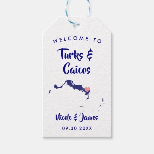 Turks en Caicos Bruiloft Welkomsttas Labels, Navy Cadeaulabel (Voorkant)