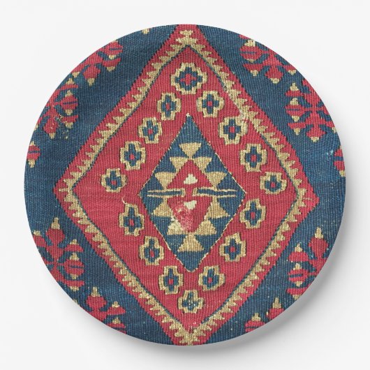 Turks Kilim Carpet Rug Antiek Red Blue Papieren Bordje (Voorkant)