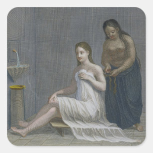 Turks meisje, met haar haar haar in de badkuipen vierkante sticker