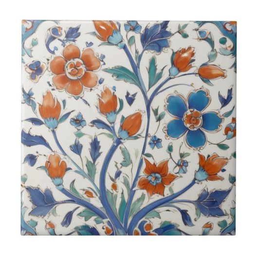 Turks Ottomaans  Bloemblauw & Rode Bloemen Tegeltje (Voorkant)