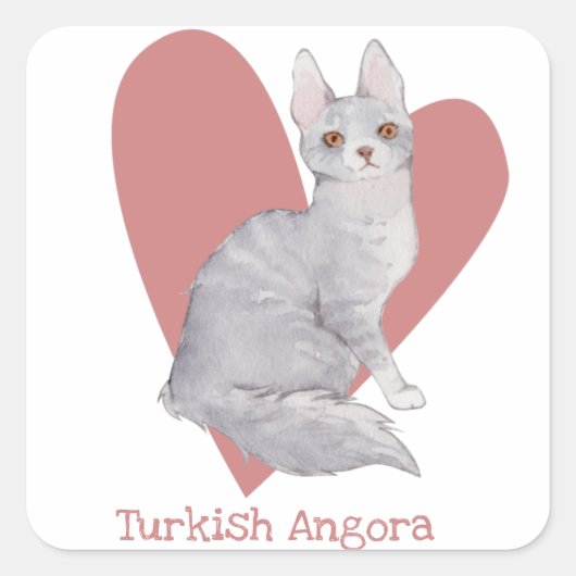 Turks Waterverf van Angora Cat Kat Roze hart Vierkante Sticker (Voorkant)