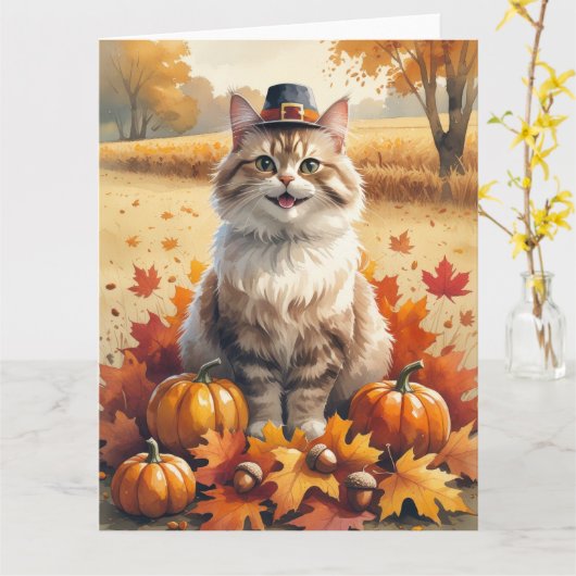 Turkse Angora Cat Autumn verlaat Thanksgiving kuns Kaart (Gele Bloem)