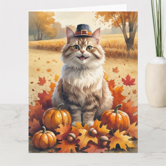 Turkse Angora Cat Autumn verlaat Thanksgiving kuns Kaart (Voorkant)