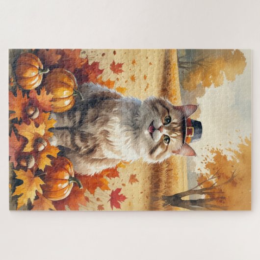 Turkse Angora Cat Autumn verlaat Thanksgiving kuns Legpuzzel (Horizontaal)