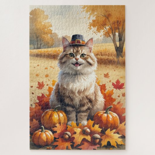 Turkse Angora Cat Autumn verlaat Thanksgiving kuns Legpuzzel (Verticaal)