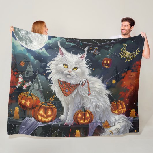 Turkse Angora Kat Halloween Griezelen Fleece Deken (In situ)
