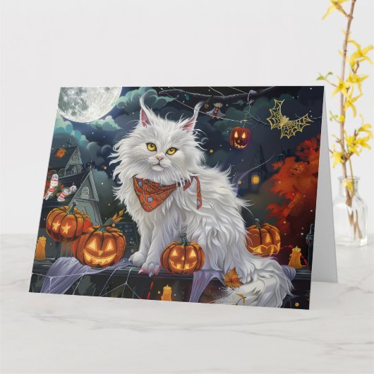 Turkse Angora Kat Halloween Griezelen Kaart (Gele Bloem)