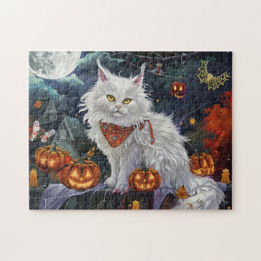 Turkse Angora Kat Halloween Griezelen Legpuzzel (Horizontaal)
