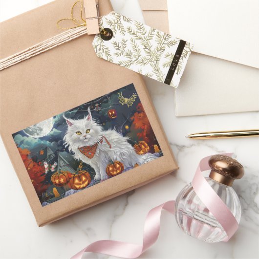Turkse Angora kat Halloween Spooky Rechthoekige Sticker (Geschenken)