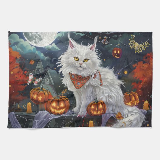Turkse Angora kat Halloween Spooky Theedoek (Horizontaal)