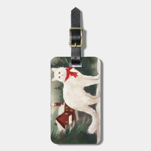 Turkse Angora Kat in Sneeuw Kerstmis Bagagelabel (Voorkant verticaal)