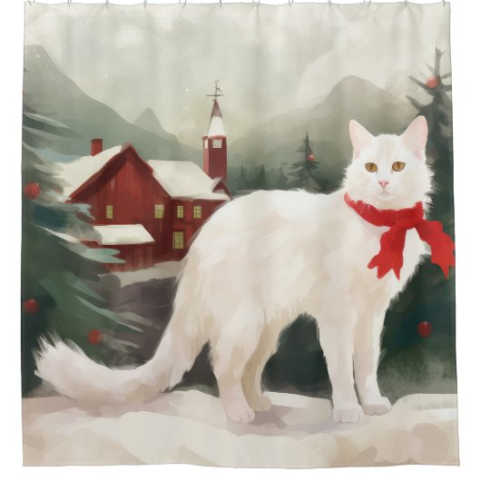Turkse Angora Kat in Sneeuw Kerstmis Douchegordijn (Voorkant)