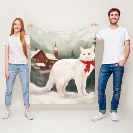 Turkse Angora Kat in Sneeuw Kerstmis Fleece Deken (In situ)