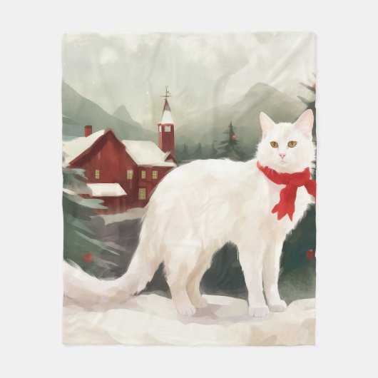 Turkse Angora Kat in Sneeuw Kerstmis Fleece Deken (Voorkant)