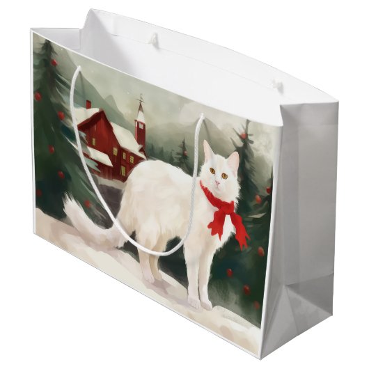 Turkse Angora Kat in Sneeuw Kerstmis Groot Cadeauzakje (Achterkant Gekanteld)