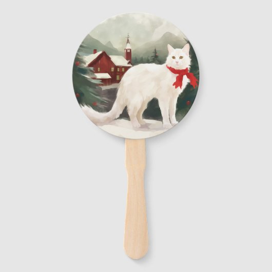 Turkse Angora Kat in Sneeuw Kerstmis Handwaaier (Achterkant)