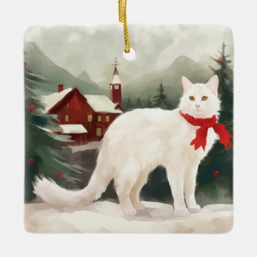 Turkse Angora Kat in Sneeuw Kerstmis Keramisch Ornament (Voorkant)