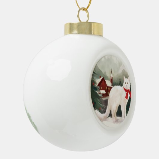 Turkse Angora Kat in Sneeuw Kerstmis Keramische Bal Ornament (Links)
