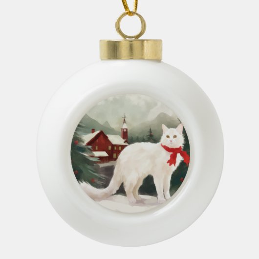 Turkse Angora Kat in Sneeuw Kerstmis Keramische Bal Ornament (Voorkant)