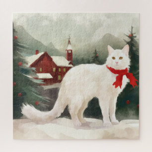 Turkse Angora Kat in Sneeuw Kerstmis Legpuzzel