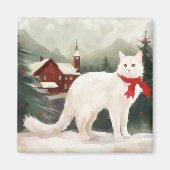 Turkse Angora Kat in Sneeuw Kerstmis Magneet (Voorkant)