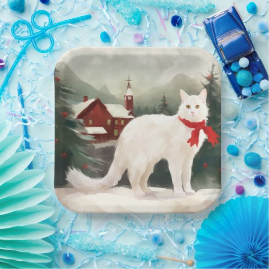 Turkse Angora Kat in Sneeuw Kerstmis Papieren Bordje (Feest)
