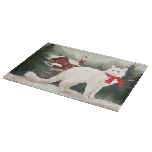 Turkse Angora Kat in Sneeuw Kerstmis Snijplank (Hoek)