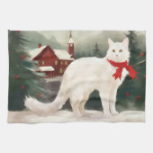 Turkse Angora Kat in Sneeuw Kerstmis Theedoek (Horizontaal)