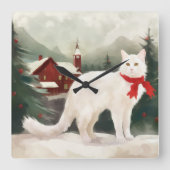 Turkse Angora Kat in Sneeuw Kerstmis Vierkante Klok (Voorkant)