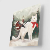 Turkse Angora Kat in Sneeuw Kerstmis Vierkante Klok (Hoek)