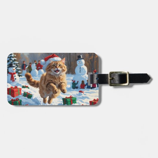 Turkse Angora Kat Lopen in Sneeuw Kerstmuts Bagagelabel (Voorkant horizontaal)